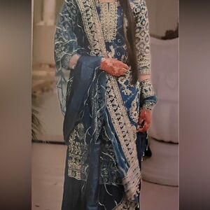 Pakistani 3 piece dress Elegant Blue and Silver Dress and heavy stone work